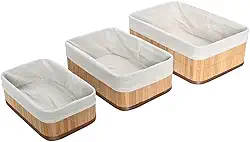 Mimo Style Jogo de 03 Cestos Organizadores Feito de Bambu Cor Claro. Perfeito Para Banheiros, Armários, Lavanderias, Entre Outros. Bonito e Elegante (Bege - Grande)