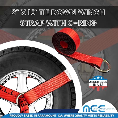 Image of Mega Cargo Control 2 inch x 10 Foot | Car Tie Down Tire Straps for Trailers Auto Tow Car Hauler Wheel Net | 2 inch x 120 inch Winch Lasso (Red, 4 - Pack) - USA