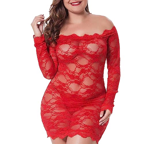 ZDJSWJ Mujeres Encaje Plus Tamaño Ropa interior Flores Encaje Muñecas Transparente Mono Completo Pijama, rojo, XL