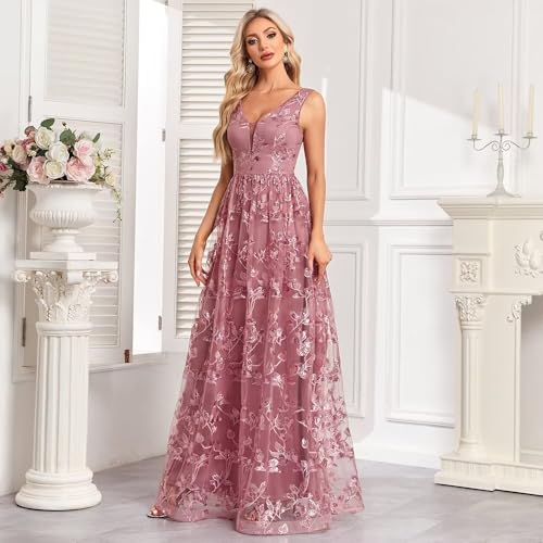 Image of Embroidery Tulle Maxi Formal Dresses V Neck Hight Waist Bridesmaid Dresses Dusty Rose Sleeveless Evening Prom Dresses, Medium