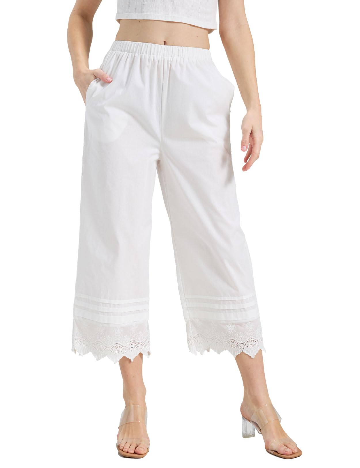 BEAUTELICATE Pantalon De Pyjama Victorien En 100% Coton Jupon Culotte Sous Robe Pantacourt Vintage À Jambe Larges Avec Poches Broderie Anglaise Pour Femme Été Automne Décontracté Blanc