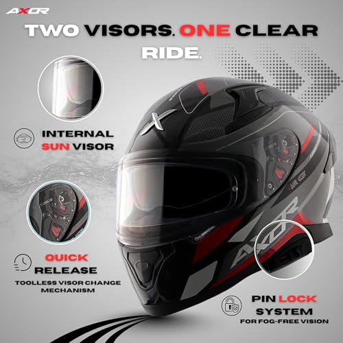 Image of Axor Apex Turbine ISI ECE DOT Certified Full Face Dual Visor Helmet for Men and Women with Pinlock Fitted Outer Clear Visor and Inner Smoke Sun Visor Black Red Grey Helmet-XL