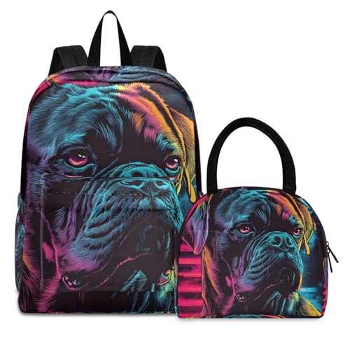 Backpack Lunch Box Set Large Capacity Travel Backpacks and Insulated Lunch Bag for Commute Hiking Picnic Neon Boxer Dog Print