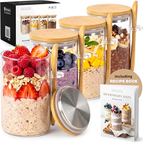 Image of EDELHAUS Overnight Oats Containers with Lids - Glass Mason Jars, Meal Prep | Bamboo Wood, Airtight Silicone Seal Set of 4 - Includes Spoons, 40 Labels for Chia Pudding, Yogurt, Cereal, Oatmeal