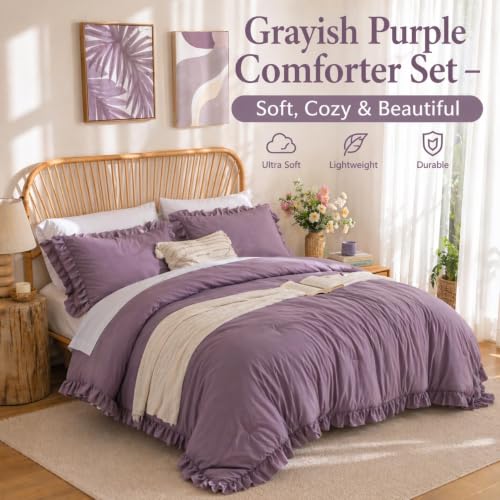 Image of JANZAA Grayish Purple Comforter Set Twin - Soft Microfiber, Lightweight All Season Bedding, Ruffle Shabby Chic Aesthetic, Breathable Cozy Bed Set with 1 Pillow Shams, Machine Washable