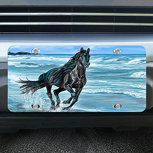 Lefolen Black Horse Running On Beach Front License Plate Covers Animal Mammal Through Sea Water On Sand Bay Decorative Car Metal Plates Vanity Tag Aluminum Novelty License Plate 6 X 12 Inch #TOP3