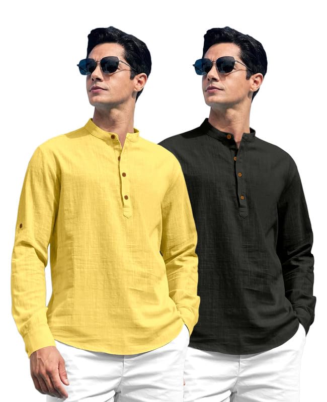 Image of ROYALSCOUT Combo of Men's Solid Cotton Blend Full Sleeve Straight Kurta Shirt (Pack of 2)