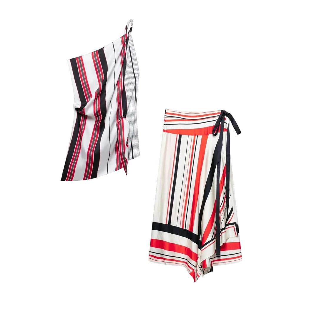 Women Shoulder Striped Top And Wrap Skirt Set Asymmetric Hem Summer Party Office Casual Two Piece