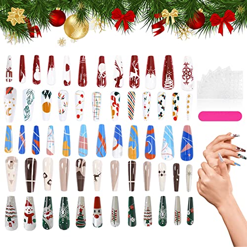 120 PCS Christmas Press on Nails Long Coffin Fake Nails Xmas Glue on Nails for Women Girls Ballerina Stick on Nails with Design with Glue Sticker and Nails File Holiday Party Gift