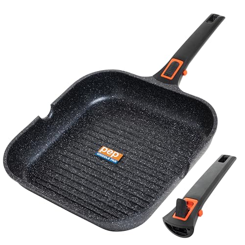 Pep pans Poêle grill 29 cm, manche amovible, compatible induction, électricité et gaz, revêtement antiadhésif Whitford, pouvant aller au four