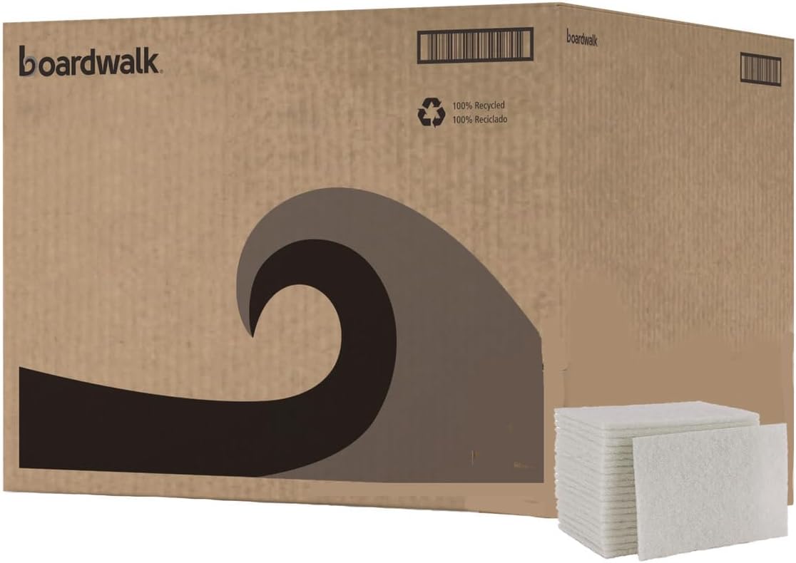 Boardwalk BWK198 Light Duty Scour Pad, White, 6" x 9" (Case of 20)