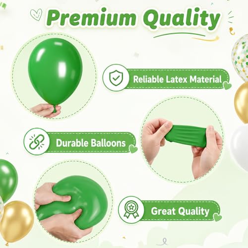 Image of Green and Gold Balloons, 60 Pcs 12 Inch Dark Green White Metallic Gold Latex Balloons with Green Gold Confetti for Birthday Graduation Party Decorations