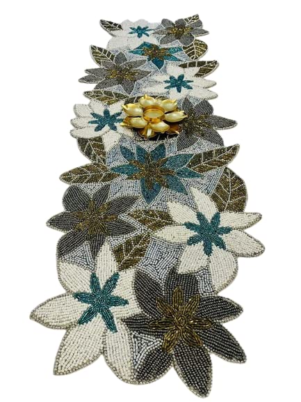 MFU-MADE FOR YOU Beautiful Beaded Table Runner Craftsmanship |Pack of 1 Measure 13 * 36 Inches| Thanksgiving - Occasional Decoration ( Multi Color Multi Flowers Grey )