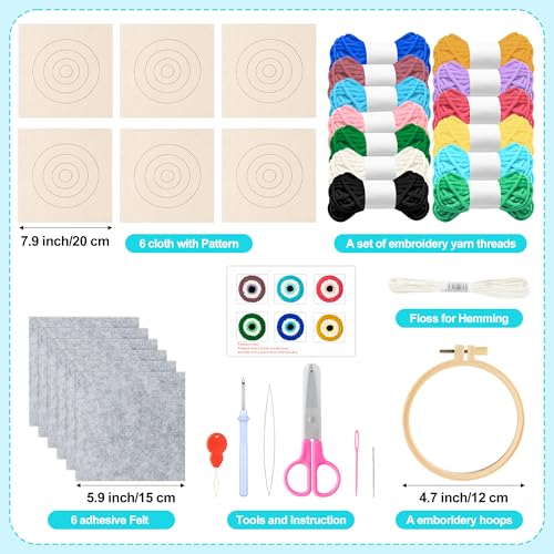 Image of WATINC Devil Eye Punch Needle Coaster Kit - 22Pcs Easy Art Work Decor Craft Supplies Kits for Beginners, DIY Set of 6 Pattern Tufted Rug Pads with Adhesive Felt Yarns Embroidery Hoop Instruction Gifts