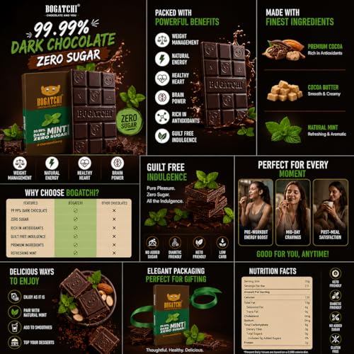 Image of BOGATCHI 99% Dark Chocolate| Mint | Real Cocoa Intense Dark Chocolate, 60gm