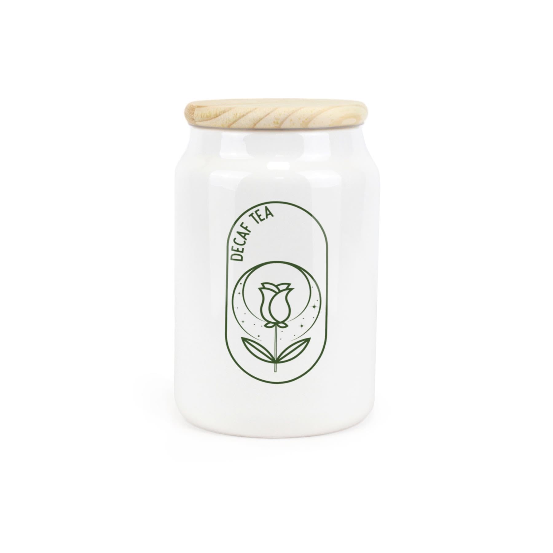Purely Home Decaf Tea Boho Minimalist Ceramic Storage Canister - Simplistic Bohemian Floral Kitchen Decor Gift - Kitchen Food Storage Container & Wooden Lid 600Ml (14.5Cm X 9.5Cm)