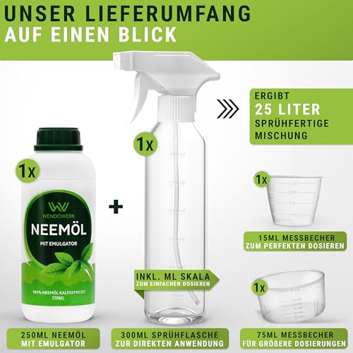 WENDOWERK® Neemöl [250ml] - Inkl. Sprühflasche und Messbecher - Neemöl mit Emulgator zur direkten Anwendung - Niemöl zur natürlichen Pflanzenpflege für Indoor und Outdoor
