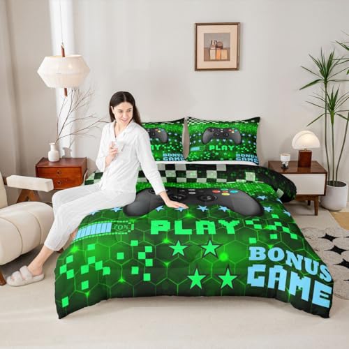 Image of Feelyou Gaming Comforter Set Toddler Size Teens Gamer Bedding Set for Kids Boys Game Controller Reversible Comforter Gamepad Quilt Fluorescent Green 1 Comforter Set Toddler Size with 1 Pillowcase