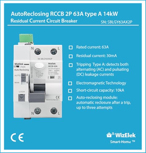 Einphasiger FI-Schutzschalter 30mA Typ A & AC - 63A 14kW 10kA - Automatisches Wiedereinschalten - Fernsteuerung ON/OFF über Klemmen - RCCB EN 61008-1 zertifiziert