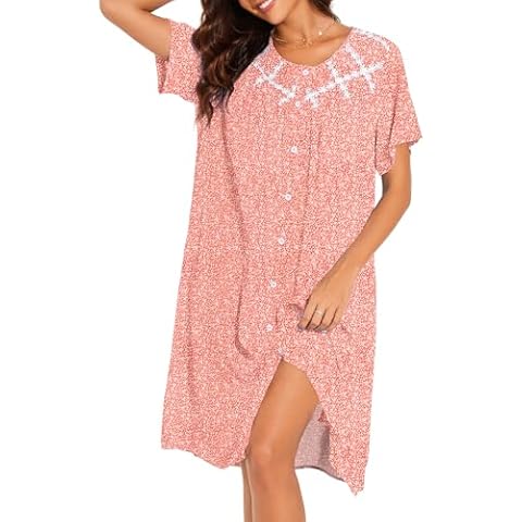 AVIIER House Dresses for Women Cotton Short Sleeve Housecoat Summer Robes with Pockets Brown Red XXL Cover