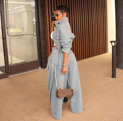 Womens Fall 2 Piece Outfits Zip Up Long Sleeve Crop Jean Jacket Wide Leg Cargo Pants Suit Denim Set2