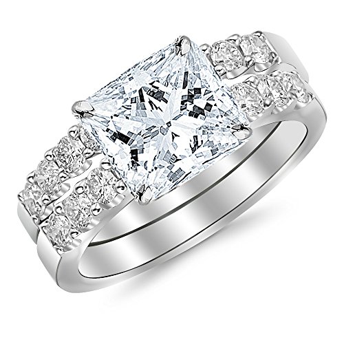 14K White Gold 2.26 CTW Princess Cut Classic Prong Set Bridal Set With Wedding Band and Diamond Engagement Ring, K Color I2 Clarity, 1.25 Ct Center