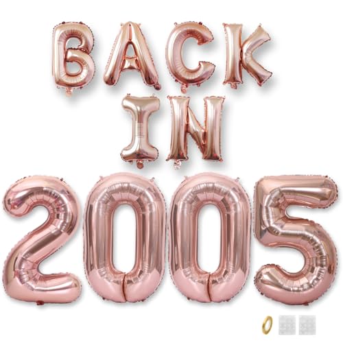 Jurxy Decoración de globos de 20 cumpleaños color oro rosa con letras de papel de aluminio de 2005, globos de feliz cumpleaños, suministros de fiesta para hombres y mujeres, accesorios de fotos,