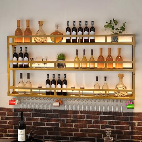 Casier à vin mural métal bouteille alcool et support verre LED
