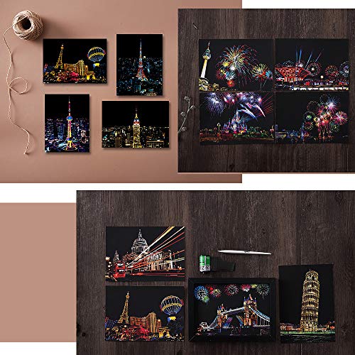 magic scratch art paper mini envelope postcard rainbow night view scratchboard for adults and kids art amp crafts set  16 sheets scratch cards amp 8 tools drawing pen brush travel around the world