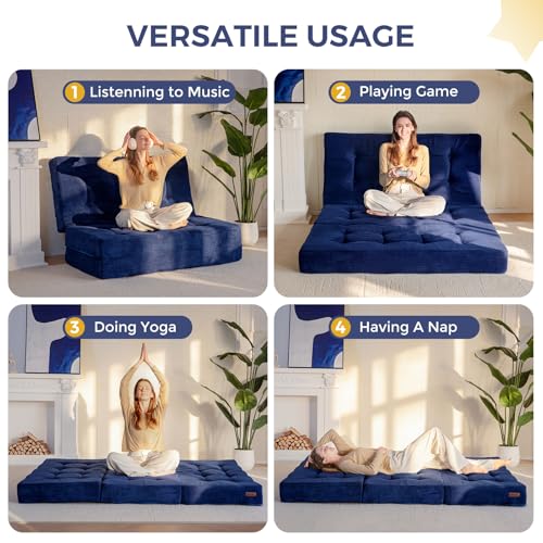 Image of MAXYOYO Tri-Fold Mattress, 6 Inches Tufted Folding Futon Foam Bed, Foldable Floor Mattress Guest Bed Futon Topper Portable Camping Sleeping with Corded Fabric, Navy, Twin