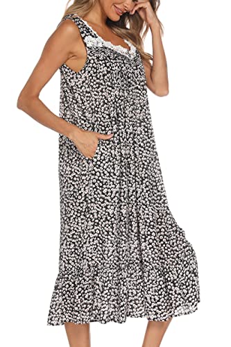 Image of AVIIER Cotton Nightgowns for Women Sleeveless House Dress Ladies Long Nightdress with Pockets S-XXL