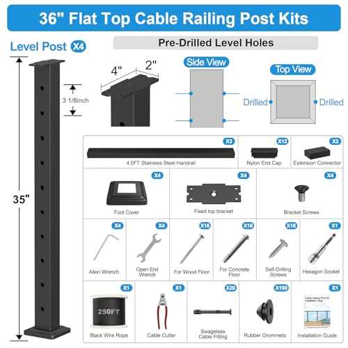 Image of 12FT-16FT Swageless Complete Set Cable Railing System with Handrails, 36 inch Black Deck Cable Railing Post Kits Includes 4Pack Level Drilled Posts, 3Pack Handrail & 250FT Wire Rope for Decks