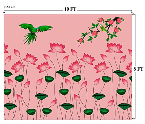 Image of zeonelymart Lotus Design Backdrop Cloth for Special Occasions,Traditional Ceremonies Parrot with Lotus Design Satin Fabric Size : 8 Feet Length * 8 Feet Width (Pink) godi padwa Background