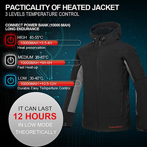Conqueco Men's Heated Jacket Soft Shell Hoodie Jacket W/Battery For Outdoors M #TOP3