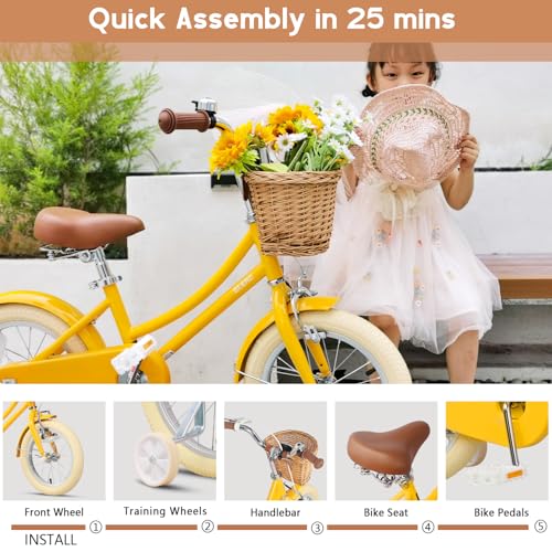 Image of Glerc Little Molly 12-20 Inch Kids Retro Cruiser Bike for 2-13 Year Old with Wicker Basket & Training Wheels /Kickstand, Multiple Colors