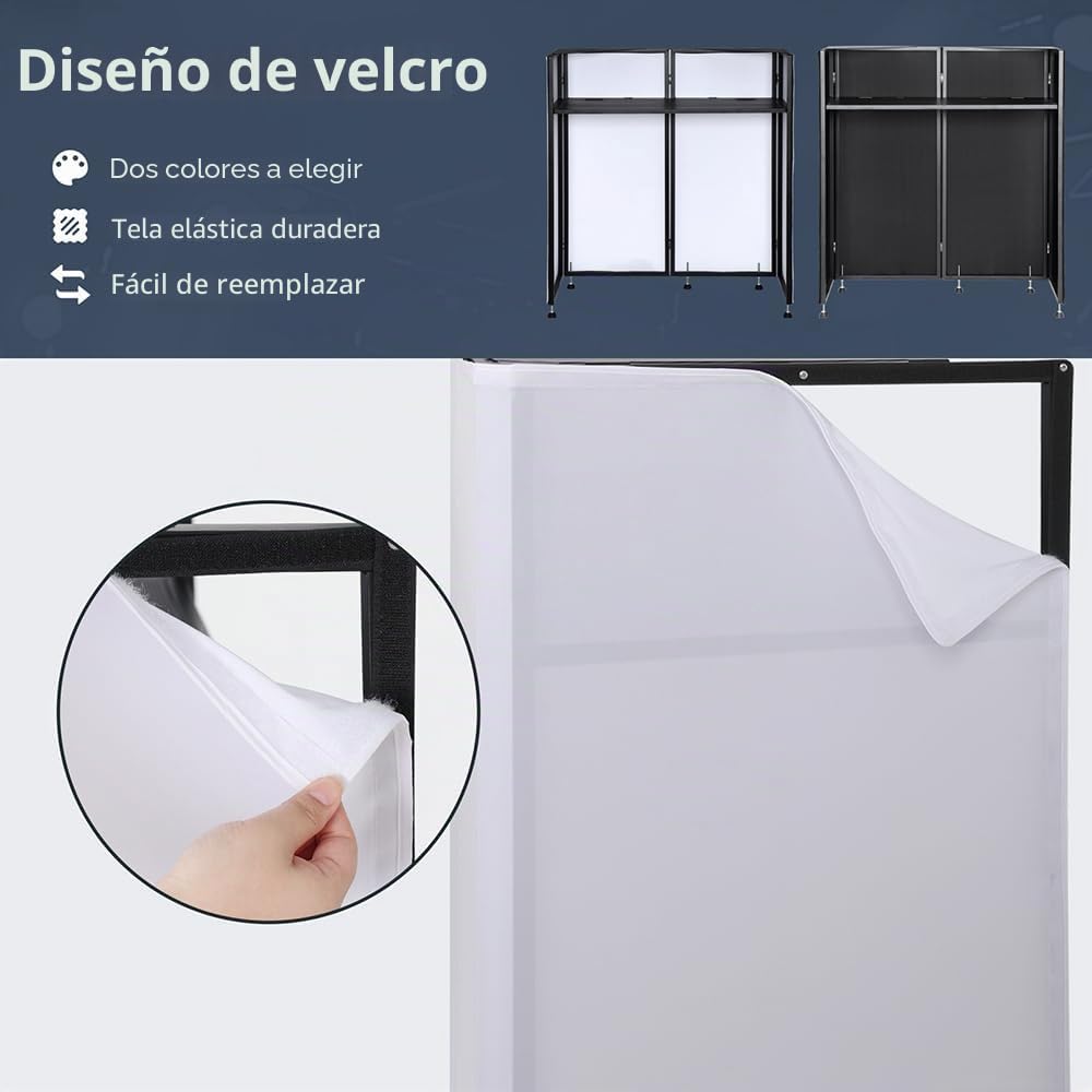 SMONTER Mesa portátil de DJ con barra de luces y control remoto - Cabina de DJ con pasacables, dobles esquinas superiores, marco de metal, pantallas negras y blancas, 5 pies ajustables y bolsa de