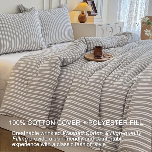 Image of Cyusri Cotton Stripe Full Comforter Set - Soft Lightweight Bedding 3 Pieces Dyed Bed Set with 2 Pillow Shams,Reversible All Season Farmhouse Down Alternative(Full Size 80 inchx90 inch Grey White)