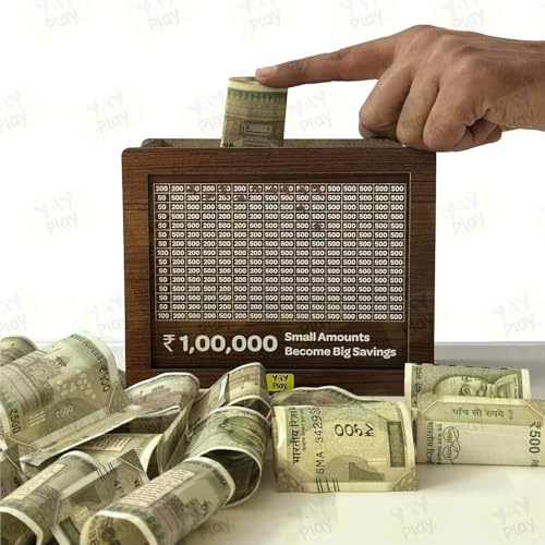 Image of Wooden Money Box, Savings Box, Mini Bank, Smart Money Box, Donation Box, Wooden Coin Box, Money Saver, Piggy Bank with Saving 100000 for Kids & Aduls etc. (Medium)