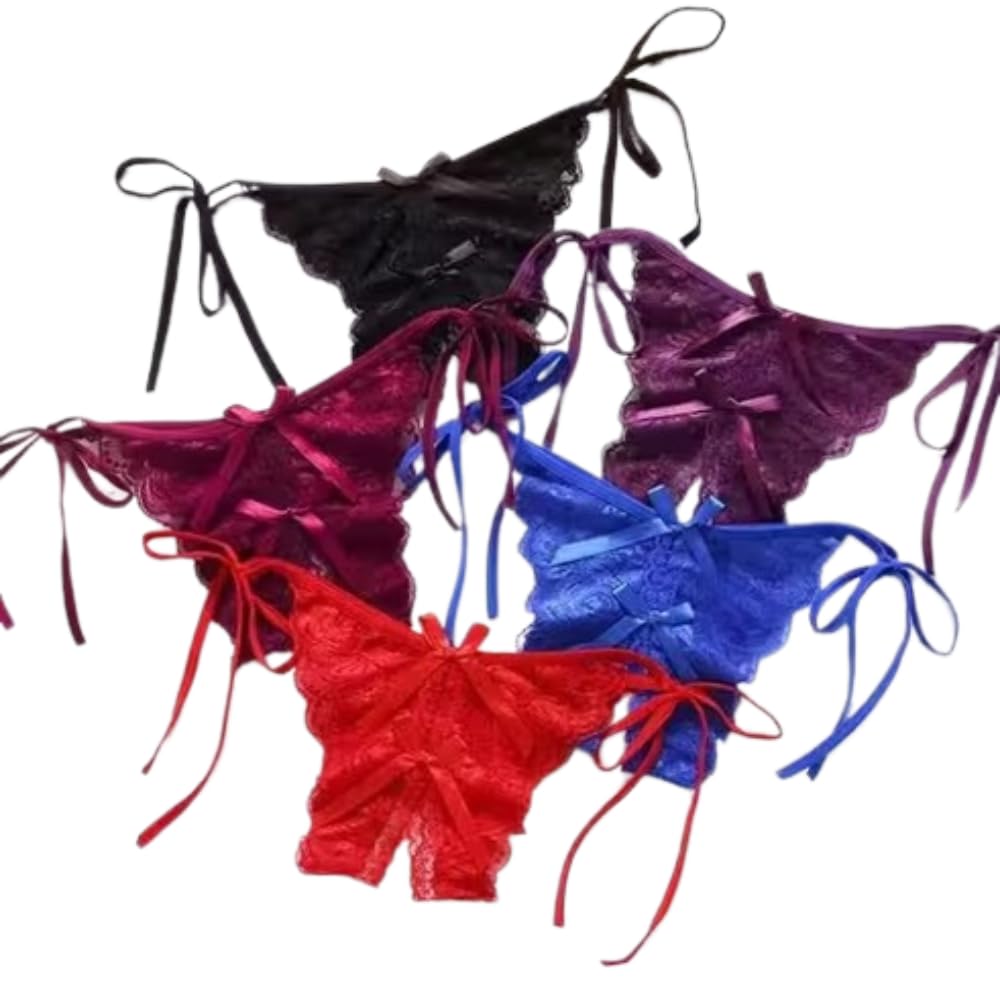 chill pookie Women’s Lace Tie-Side Crotchless Panty | Transparent Floral Lingerie Underwear | Pack of 6 – Multicolor-picture-52