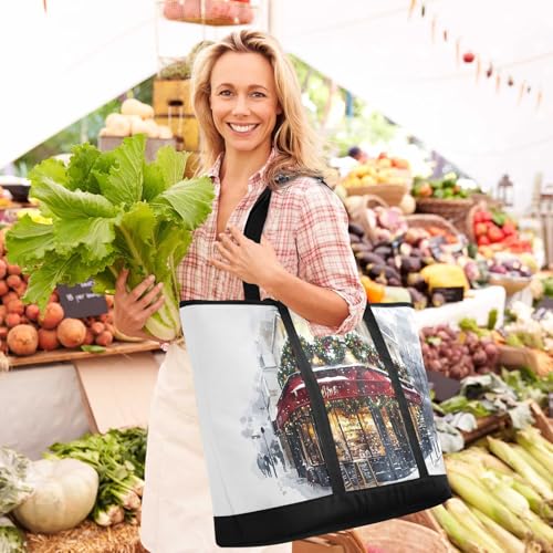 Large Insulated Tote Bag Streetscape Snow Red for Grocery Shopping Reusable Tote Bags for Women Men, Cooler Bag with Zippered Top & Handles for Beach Picnic Travel2