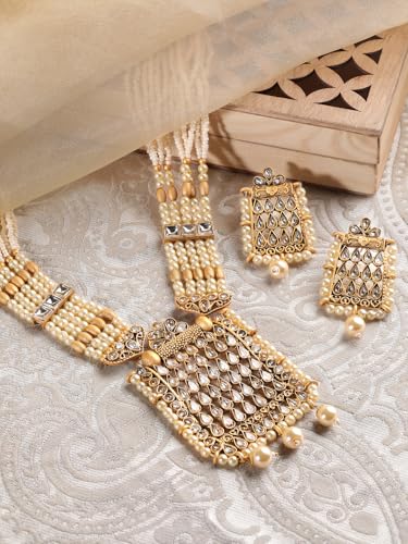Image of Rubans Pearl Long Necklace Set Gold Plated Traditional Stylish Jewellery Gift for Women & Girls