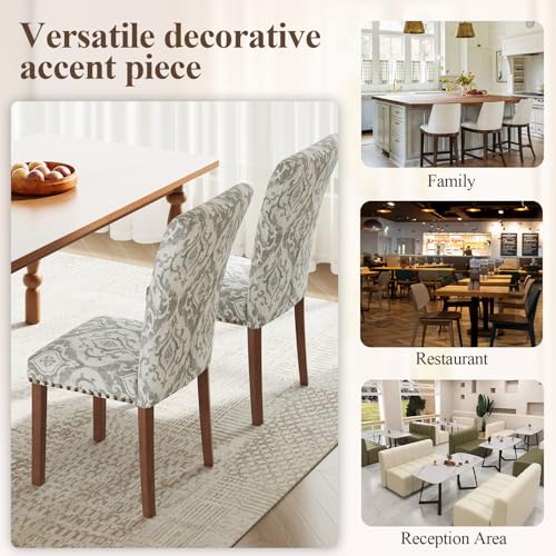 Image of Farmhouse Dining Chairs Set of 6, High Back with Wooden Legs and Nailhead Trim, Modern Fabric Dining Room Chair for Kitchen /Restaurant