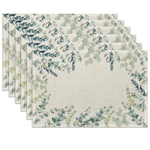 Green Floral Placemats Set of 6 - Botanical Sage Green Table Mats, Washable Heat Resistant for Kitchen Dining, Indoor Home Decor