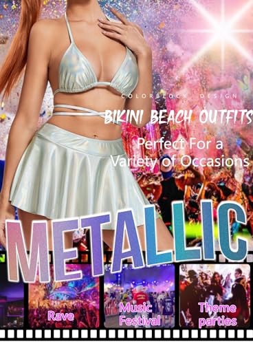 Rave Outfits for Women - EDC Sexy Music Festival Metallic Holographic Strappy Bikini Top Bottom Beach Skirt 3 pcs4
