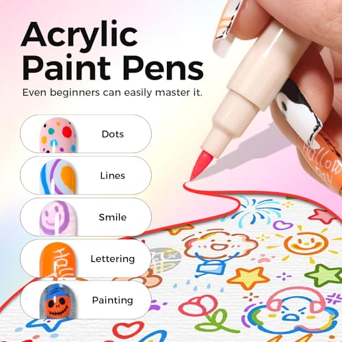 GELLAKTIK 12 Colors Nail Art Pens Set, 3D Nail Polish Pens, Quick-Drying Acrylic Paint Markers, 0.7mm Dotting Painting Liner Brush for DIY Nail Design, Home & Salon Manicure Tools 24 PCS
