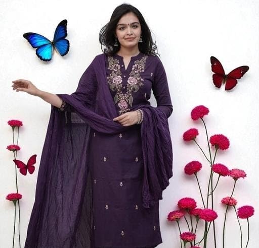 Image of Women's Purple Embroidered Cotton Kurti with Palazzo and Dupatta Set, Ethnic Indian Wear, Floral Design