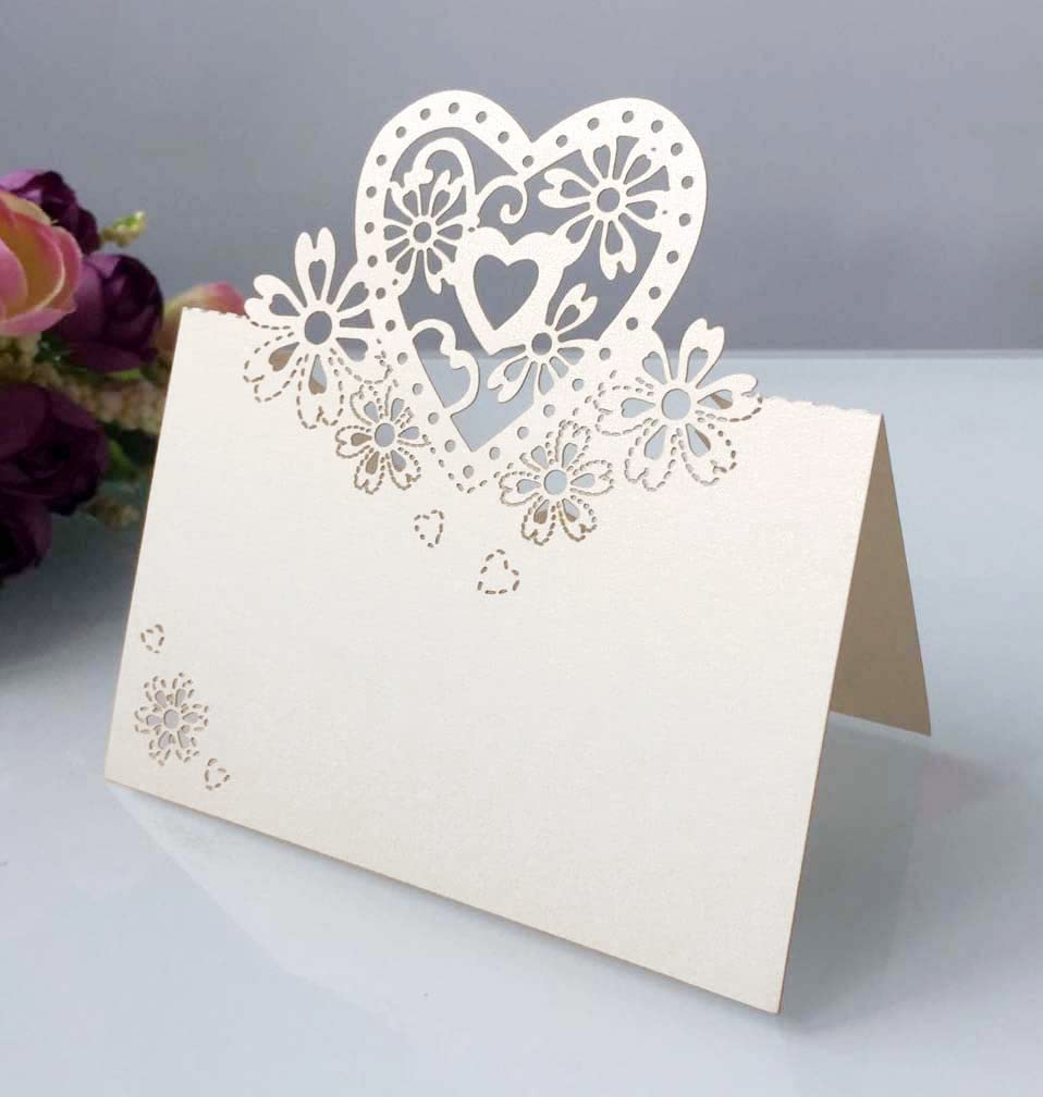 Muiltvoe 20pcs Cut Heart-Shaped Hollow Wedding Table Number Name Place Card Wedding Party Decoration - Ivory
