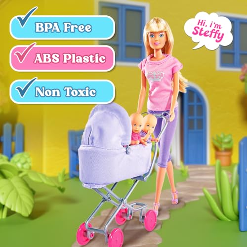 Image of Steffi Love Sunshine Twins| Pretend Play Set with Baby Stroll and Adorable Twin Babies| Unique16+Baby Accessories| Adorable Role Play Set for Girls Age 3+ (Stylish Steffi in Pink & Purple)