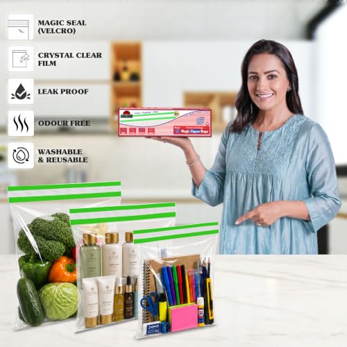Image of Shalimar Magic Zipper Bags | Medium (24.5 cm x 28 cm) | Pack of 30 Bags | Ziplock /Vegetable /Fruit /Fridge /Multi-Purpose Storage Bag | Reusable & Reclosable Magic Seal (Velcro) | Crystal Clear Flim
