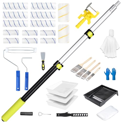30PCS Paint Roller Kit with Extension Pole-2 to 4 FT,Wall Painting Supplies with Paint Edger Roller Brush 12",House Painting Set with Rainsuit & Drop Cloth for Home|Office|Shop Professional Painting